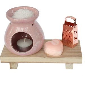 Comforder Amberblokjes Cadeauset met Brander, Waxinelichtje, Schaaltje en Rasp - Geurblokje Roos - Giftset