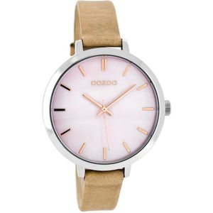 OOZOO Timepieces - Zilverkleurige horloge met oud roze leren band - C8356