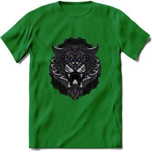 Tijger - Dieren Mandala T-Shirt | Paars | Grappig Verjaardag Zentangle Dierenkop Cadeau Shirt | Dames - Heren - Unisex | Wildlife Tshirt Kleding Kado | - Donker Groen - XXL
