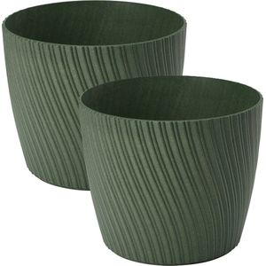Form Plastic Plantenpot/bloempot Waves - 2x - kunststof - donkergroen - D23 x H20 cm - rond
