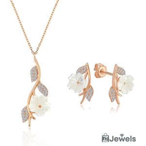 OZ Jewels Roségoud Gekleurde Zilveren Ketting- en Oorbellen set met Bloemendesign - Accessoires - Liefdessieraden - Love Ketting en Oorbellen - Dames - Valentijnsdag - Cadeau - Moederdag - Sieraden Dames - In mooie geschenkverpakking