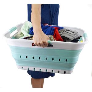 Foldable plastic laundry basket, 40 l, collapsible pop-up storage container/organizer, portable laundry basket (1, white/sea green)