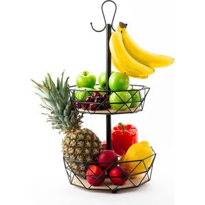 Fruitschaal 2 niveaus – Fruitschaal voor meer ruimte op het werkblad – Fruitschaal Taartschaal – Decoratieve fruitmand met bananenhaken