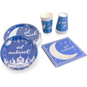 Festivz Ramadan Eid Wegwerp Servies Set - Blue Silver - Verjaardag - Ramadan Decoratie - Eid Mubarak - Feest - Borden Bekers Feestartikelen - Eid al Fitr - Blauw Zilver Feest