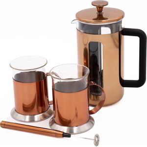 3-delige Cafetière Geschenkset met koperen Pisa 8-kops Cafetière, handbediende melkopschuimer op batterijen en 2x koperen koffiemokken