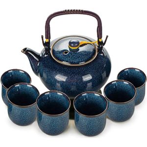 Theeservies Chinees keramisch theeservies, 600 ml theepot en 6 kopjes 120 ml Kungfu-theeserviezen, ovenveranderd glazuur Aziatische theepot voor theeliefhebbers, blauw