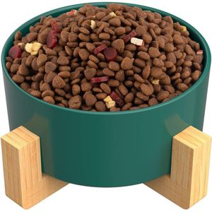 Keramische bak met verhoogde bamboe standaard voor honden en katten, als voerbak of waterbak te gebruiken, kattenvoerbak, antislip, vaatwasmachinebestendig (1 x - 400 ml, groen)