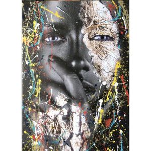 Afrikaanse vrouw- Katoenen canvasdoek op houten frame-70x50 cm- Gemengde techniek afdrukken + Acrylverf- Klaar om op te hangen