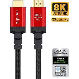 NÖRDIC HDMI-N1023 HDMI Ultra High Speed kabel - Gecertificeerd - 8K 60Hz - 48Gbps - Dynamische HDR eARC ondersteuning - HDMI 2.1 - 2m - Rood/Zwart