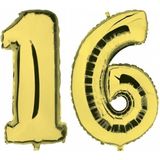 Sweet 16 gouden folie ballonnen 88 cm leeftijd/cijfer 16 jaar - Leeftijdsartikelen 16e verjaardag versiering - Heliumballonnen