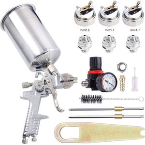 Lakpistool HVLP met 3 sproeiers - 14 mm 17 mm 25 mm - verfspuitpistool met aluminium beker - zilver