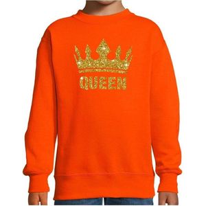 Oranje Koningsdag gouden glitter Queen sweater / trui kinderen - Oranje Koningsdag kleding met gouden print 130/140 (9-10 jaar)