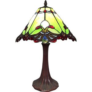 LumiLamp Tiffany Tafellamp Ø 31*49 cm E27/max 1*60W Groen, Rood Glas, Kunststof Tiffany Bureaulamp Tiffany Lampen