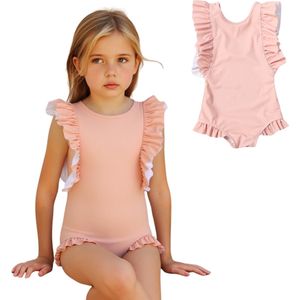 Joya Kids® Badpak Korte Mouw Licht Roze met Ruches Meisjes | Zwempak met ruches Pof Mouwen | Zwempak Lage Rug Kind Oudroze | Meisje Bikini Zomer | Kinderbadpak Peuter | Maat XXL | 4-5 jaar