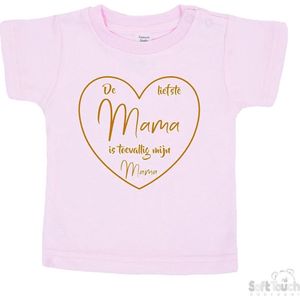 Soft Touch T-shirt Shirtje Korte mouw ""De liefste mama is toevallig mijn mama"" Unisex Katoen Roze/tan Maat 62/68