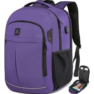 17.3 Inch Laptop reisrugzak,TSA vriendelijke waterdichte zakelijke reistas voor vrouwen,Meerdere zakken dragen rugzak met USB-poort,Student school rugzak voor vrouwen,Paars