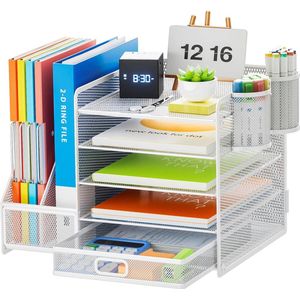 Desk Organizer met Bestandshouder, 5-Laags Papierbriefbakje Organizer met Lade en 2 Pennenhouder, Mesh Bureau Organizer en Opbergdoos met Tijdschriftenhouder voor Kantoorbenodigdheden (Wit)