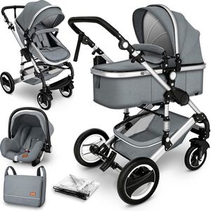 3 in 1 combi-kinderwagen - Grijs/zilver - Buggy inclusief autostoeltje - Regenhoes- Inklapbaar - Wandelwagen - Kinderstoel auto