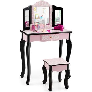 SureDeal® - Make-Up tafel - Kinderen - Kaptafel - Met Krukje - 2-In-1 - Bureau - Spiegels - Roze - Luipaard - 60x27,5x97,5 cm - Speelgoed - Meisje