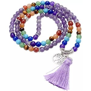 Tree of Life Amethist chakra stenen Mala Armband / Ketting - 108 Kralen levensboom - 6mm Steen - boeddhisme - Boeddha - Yoga - Meditatie - Kralenketting -  Sparkolia - Vrouwen / Mannen - Amethyst - Paars - Boom  - Natuurlijke edelsteen