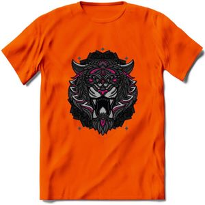 Tijger - Dieren Mandala T-Shirt | Roze | Grappig Verjaardag Zentangle Dierenkop Cadeau Shirt | Dames - Heren - Unisex | Wildlife Tshirt Kleding Kado | - Oranje - 3XL
