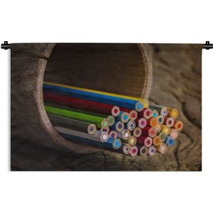 Wandkleed Stillevens Abstract - Stilleven van gekleurde potloden in een bamboe beker Wandkleed katoen 60x40 cm - Wandtapijt met foto