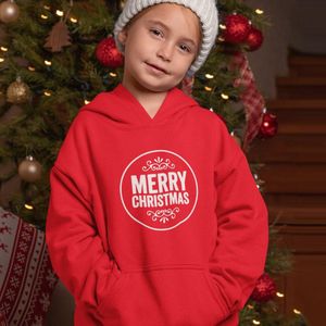 Kerst Hoodie Rood Kind - Merry Christmas Round (7-8 jaar - MAAT 122/128) - Kerstkleding voor jongens & meisjes