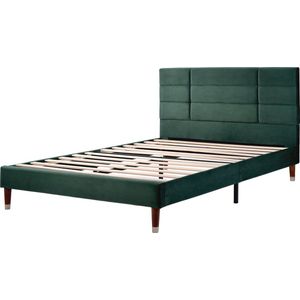 Merax Gestoffeerd Bed 140 x 200 cm in Donkergroen Fluweel met Hoofdbord en Lattenbodem - Zonder Matras