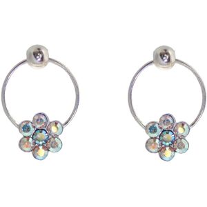 Behave - Oorbellen - Rondje met Bloem - 925 Sterling Zilver - Aurore Boreale Kristal