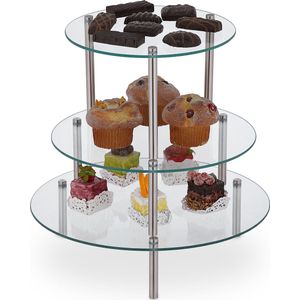 Relaxdays taartplateau glas - 3-delig - rond - high tea etagere - cupcakes - op voet
