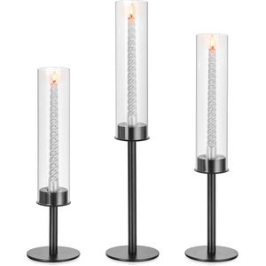 Set van 3 Zwarte Moderne Taper Kaarsenhouder Metaal - Voor Lange Kaarsen - Inclusief Cilinder Orkaan Glas - Grote Kandelaars Houder Voor Thuis Feest Diner Tafel