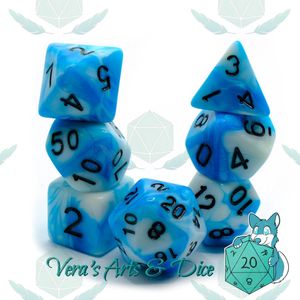 Polyset Dice | Dobbelstenen - Set Van 7 Stuks - Blauw Wit Marmer Parelmoer Zwart | Voor D&D en Andere Rollenspellen | Plastic Dobbelstenen Set voor Dungeons and Dragons | Polyhedral Dice Set | Met Mooie Zwarte Velvet Dice Bag voor Ongeveer 3 Sets