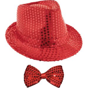 Toppers - Carnaval verkleedkleding setje - glitter hoedje en vlinderstrikje - rood - volwassenen - met pailletten