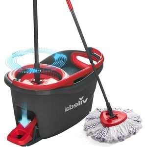 Complete roterende mopset - emmer met pedaalpers - Telescopische steel - 85-123 cm - Microvezelpad - Meerkleurig - Duurzaam schoonmaaksysteem - love it clean