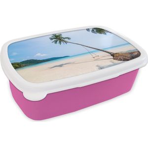 Broodtrommel Roze - Lunchbox - Brooddoos - Strand - Palmbomen - Schommel - 18x12x6 cm - Kinderen - Meisje