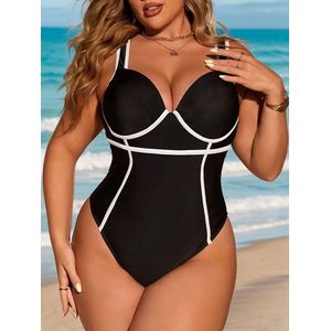 Badpak- Nieuwe Collectie Dames Bikini & Badmode- Corrigerend Sexy Zwempak- Voorgevormde Badpak- Plus-size damesbadpak met hoge elasticiteit- effen zwart met witte contrasterende rand 513- Zwart- Maat L