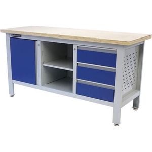 George Tools werkbank 169 cm - Werktafel met 3 laden, 1 opbergkast en multiplex werkblad - Blauw
