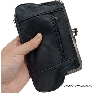 BAGSANDWALLETS.NL | Knipportemonnee | Dames Knipportemonnee | Leer | Zwart | Extra Beugel Binnen | Rits Onder | Dubbel | Rits Zijkant | Cadeautip