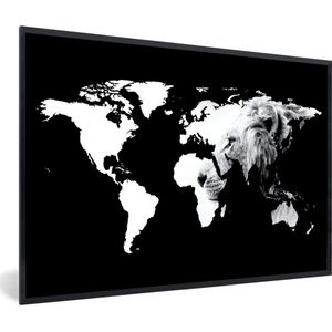 Fotolijst incl. Poster - Wereldkaart - Zwart - Wit - Leeuw - 60x40 cm - Posterlijst