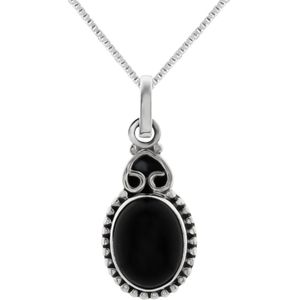 Zilveren ketting dames met hanger | Zilveren ketting, ovale onyx steen met sierlijk omgekeerd hart