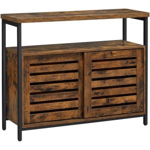 Opbergkast, dressoir, kast, met schuifdeuren, voor woonkamer, keuken, eetkamer, stalen frame, industriële stijl, rustiek bruin en zwart