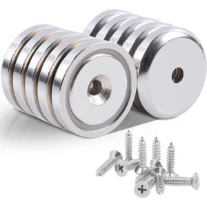 Extra sterke Neodymium magneten - 10 stuks - 32 mm schijfmagneten - potmagneet met gat - verzonken potmagneet - keukenmagneten - schroeven - stalen kussen