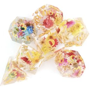 Joya Kids® Dungeons and Dragons Dobbelsteen set | Polydice DnD Dobbelstenen Set | D&D Dice set | Resin 7 stuks set | Incl Luxe Opbergdoos | Transparant met gekleurde Bloemen