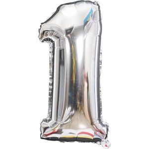 Cijfer Ballon nummer 1 - Helium Ballon - Grote verjaardag ballon - 32 INCH - Zilver  - Met opblaasrietje!