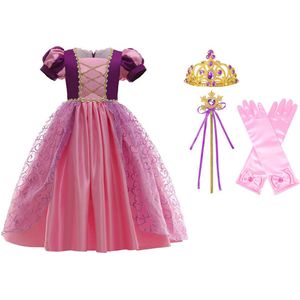 Het Betere Merk - Prinsessenjurk meisje - Roze / Paarse jurk - maat 104/110 (110) - Verkleedkleding meisje - Kroon - Tiara - Carnavalskleding Kind - Kleed - Lange handschoenen