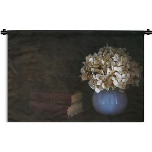 Wandkleed Stillevens Bloemen - Stilleven hortensia en oude boeken Wandkleed katoen 150x100 cm - Wandtapijt met foto