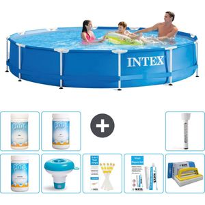 Intex Rond Frame Zwembad - 366 x 76 cm - Blauw - Inclusief Chloor - Chloordrijver - Testrips - Reparatiesetje - Scrubborstel - PH-waarde - PH-waarde - Thermometer