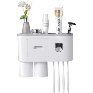 Tandenborstelhouder, tandenborstelhouder voor wandmontage met dubbele automatische tandpastadispenser, 4 borstelsleuven, 2 magnetische bekers en opbergorganizer
