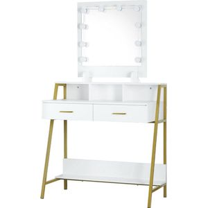 Kaptafel met spiegel & verlichting - make-up tafel - ruimtelijk & stijlvol - wit & goud - 90x40x135 cm