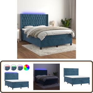 vidaXL Boxspring LED Fluweel Donkerblauw 140x190 cm Boxspring - Fluweel Bed - Donkere Kleuren - Led Lampen - Hoofdbord